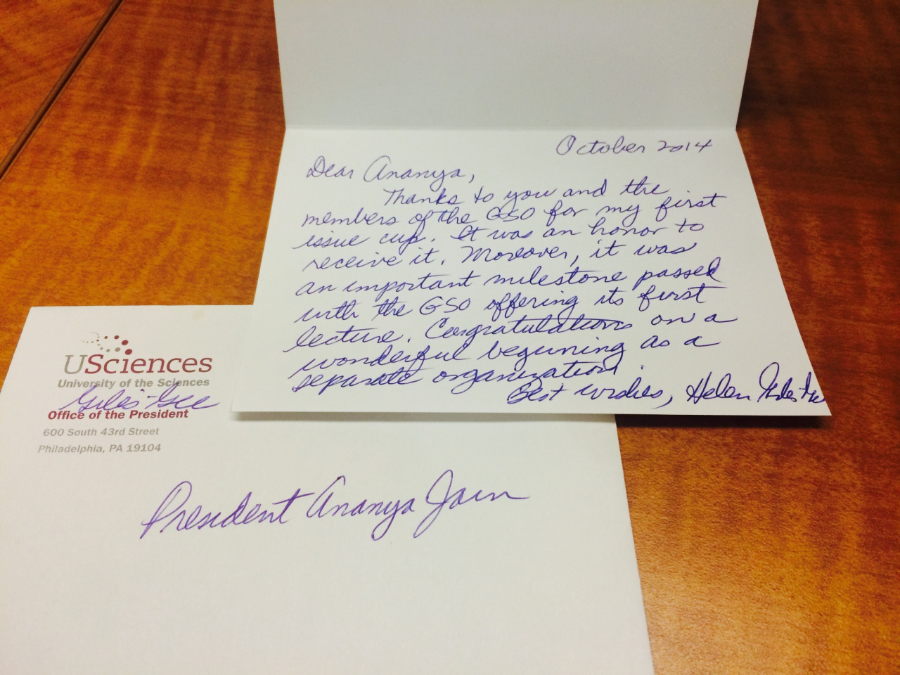 Thank you note from the President of the University of the Sciences